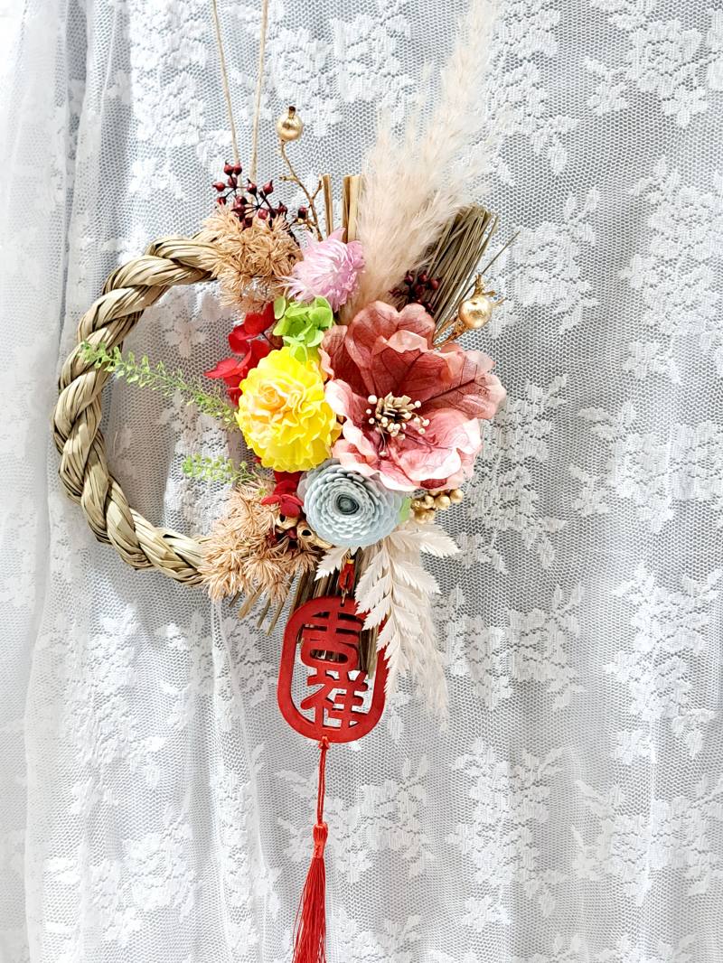 日本國產稻草注連繩（大）+貝拉公主花藝