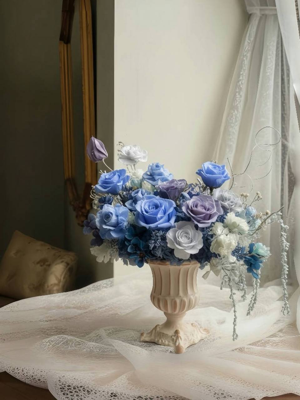 夢幻藍紫永恆玫瑰典雅盆花-實拍圖片