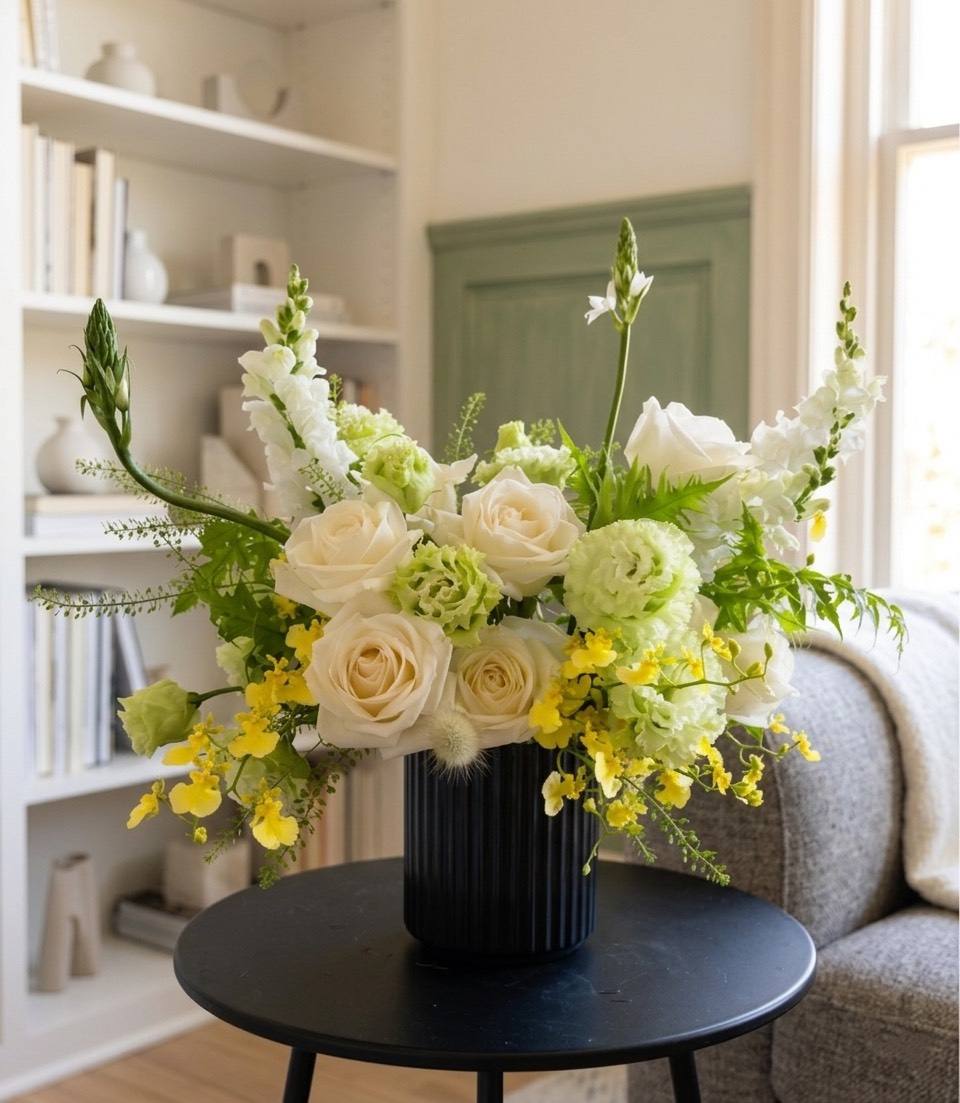 優雅晨光白玫瑰綠意盆花，由花訴花藝工坊花藝師手工設計，適合送禮與居家擺飾