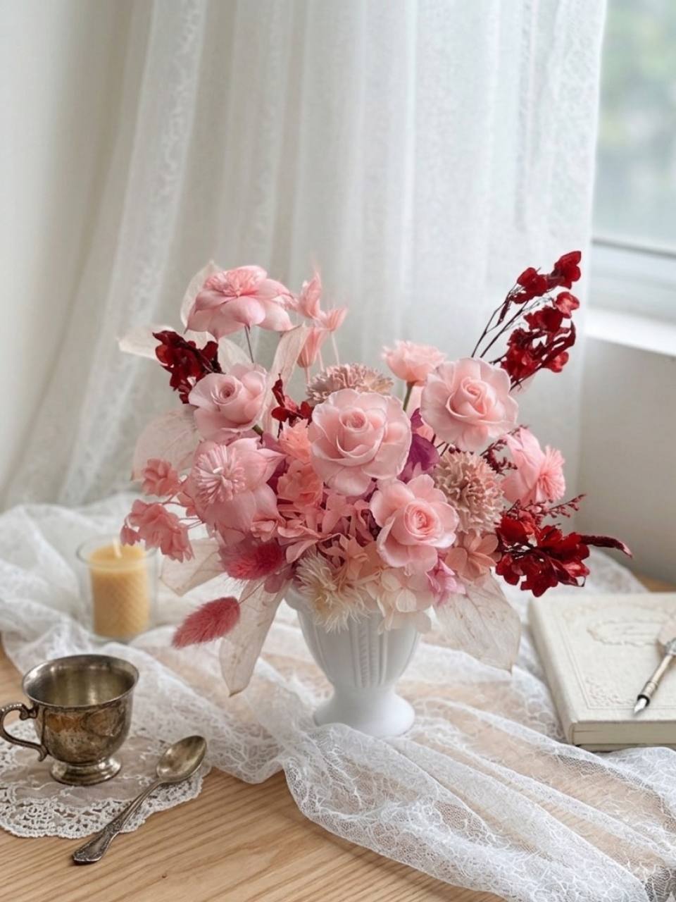 浪漫粉色永生花藝術桌花