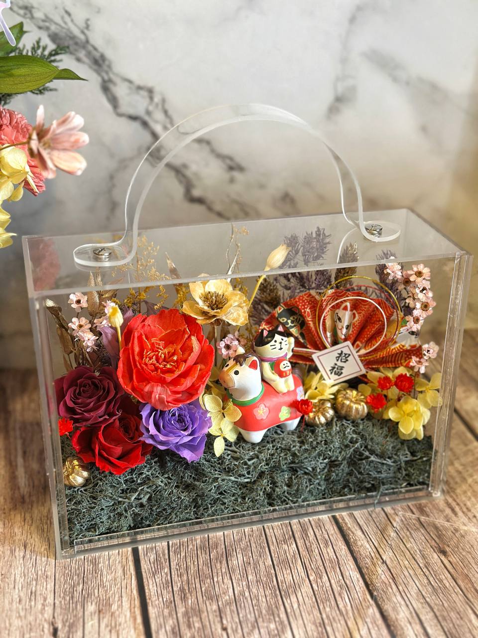 馬年招財貓福氣滿滿迎新年透明手提花盒