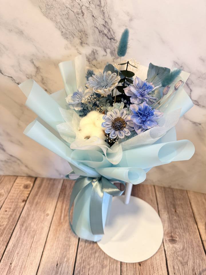 夢幻藍色索拉花棉花永生花束 畢業花束/太陽花-實拍圖片