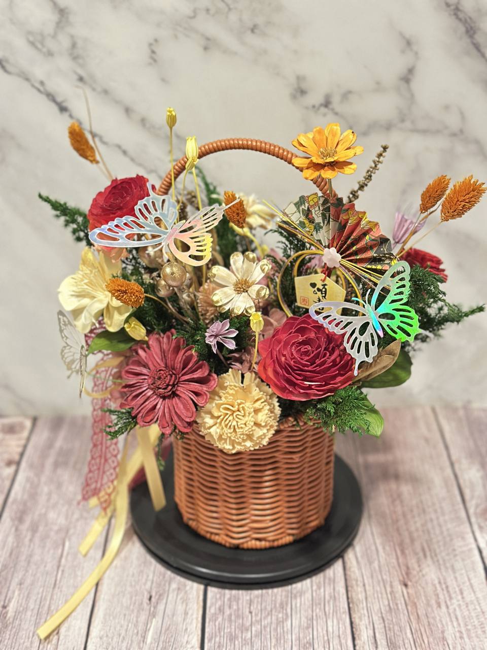 年節送禮 永生索拉花迎春蝴蝶飛舞緞帶提籃