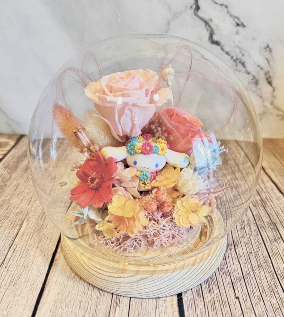 夢幻彩虹大耳狗🌸園公主永生花玻璃盅 夜燈-實拍圖片