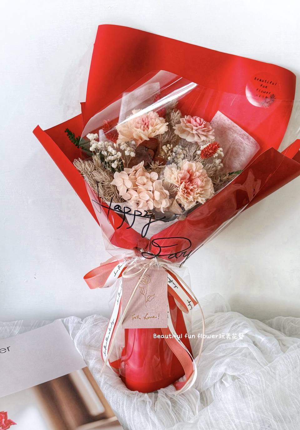 粉嫩唯美康乃馨乾燥花束-實拍圖片