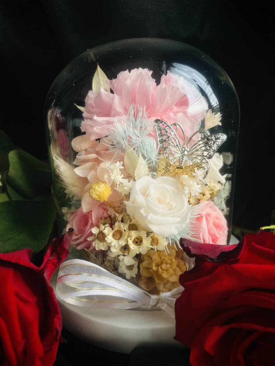 蝴蝶銀飾永生康乃馨玻璃花盅