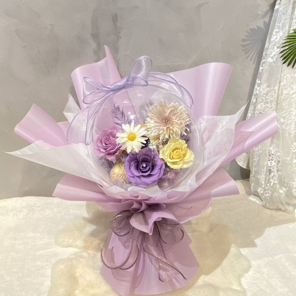 波波球永生花-紫黃(可立於桌上)(可換畢業帽)+花木植物所