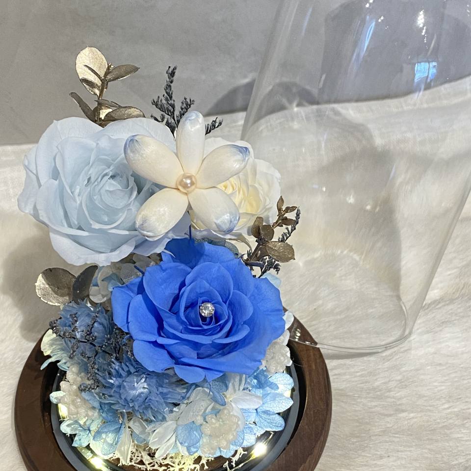 小夜燈玻璃罩永生花-天空藍(附禮盒)+花木植物所